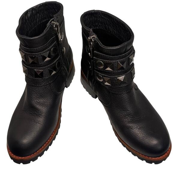 KLR Black Leather Boots Womens Sz 9 Moto Combat Side Zip Removeable Stud Straps - Picture 12 of 13